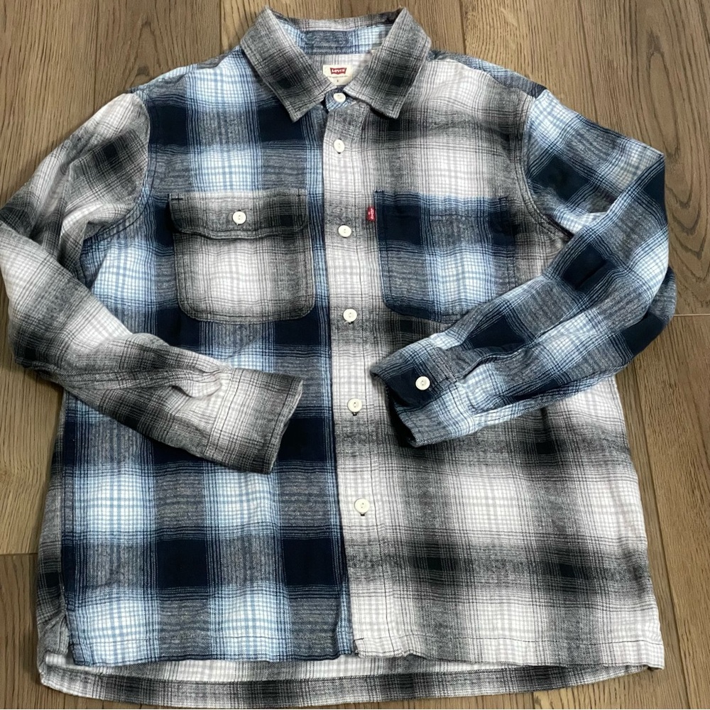 Levi’s Blue Plaid Long Sleeve Collard Camp Shirt